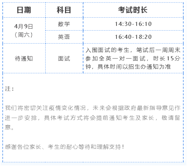 2022年华附国际部入学考试科目及时间