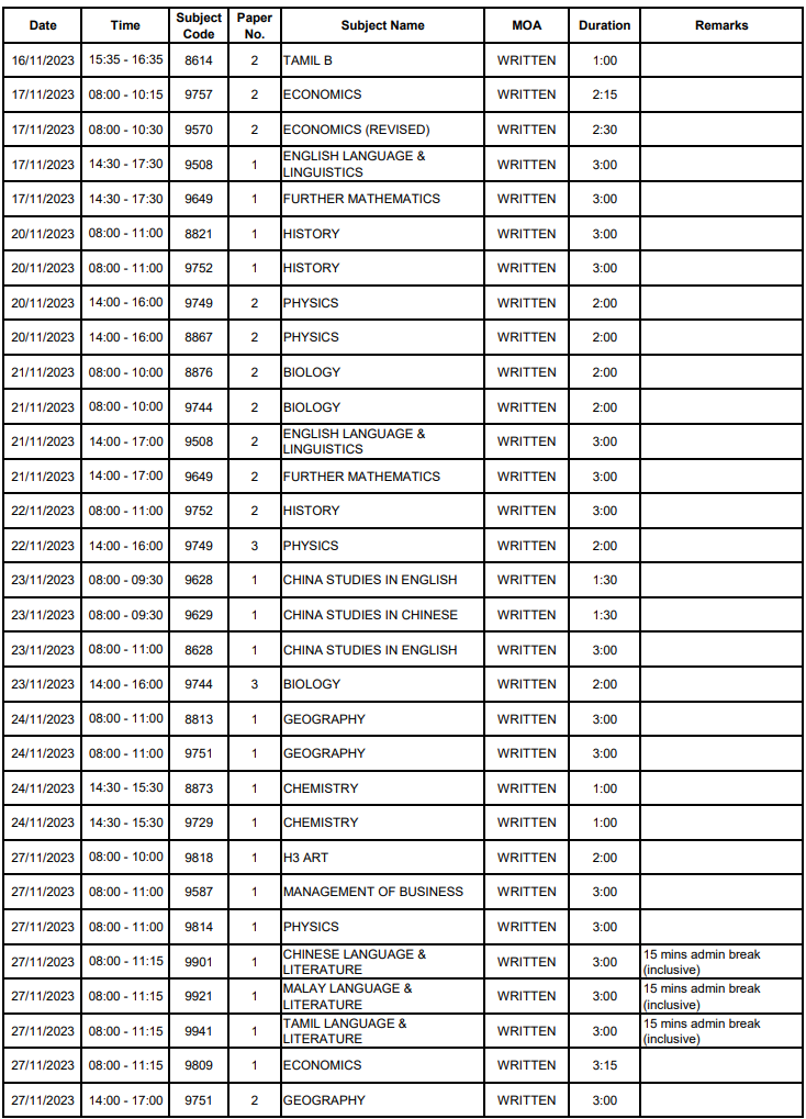 2023年新加坡A水准考试日期安排表