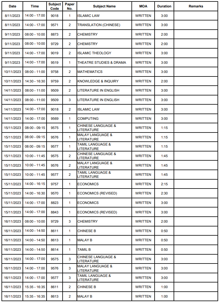 2023年新加坡A水准考试日期安排表