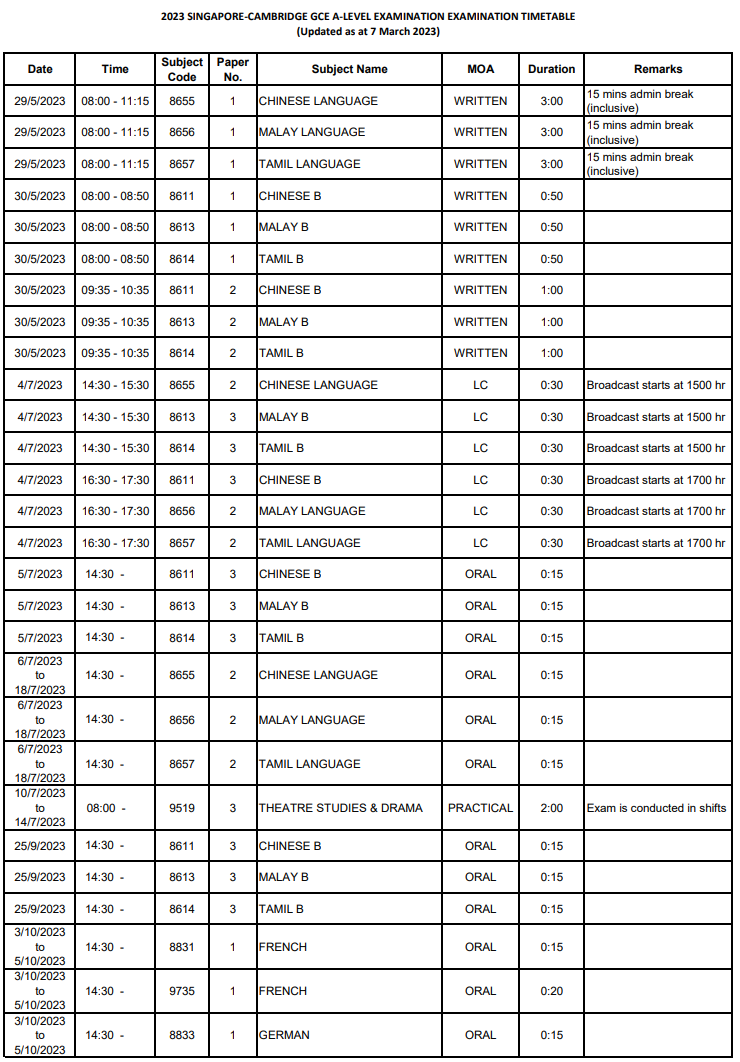 2023年新加坡A-level考试时间是怎样安排的？