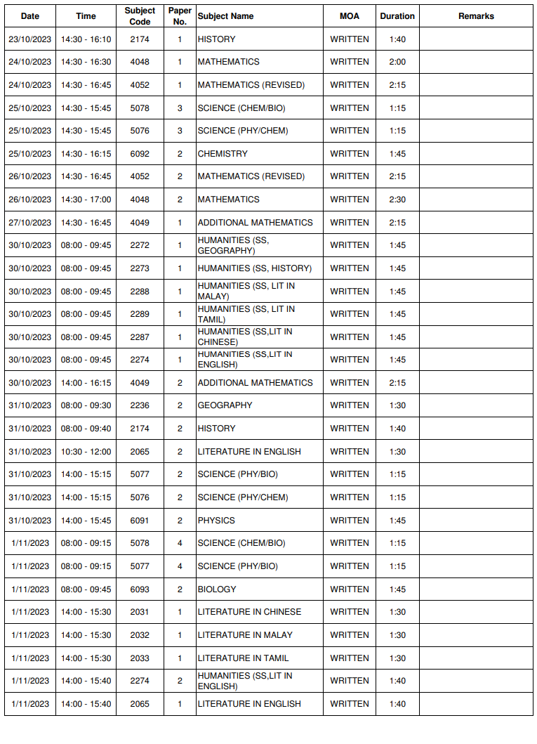 2023年o-level考试各科时间安排表！