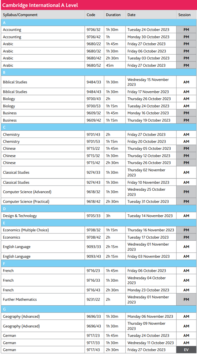 2023年CIE试局A-level秋季考试时间表