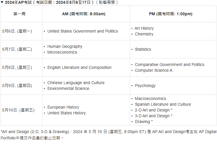 2024年AP考试安排