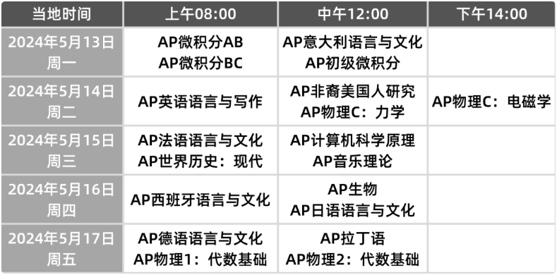 2024年AP考试时间是如何安排的？