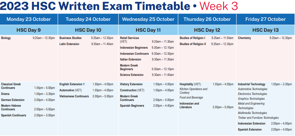2023年澳洲HSC高考笔试时间安排表！