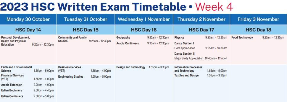 2023年澳洲HSC高考笔试时间安排表！