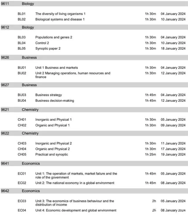 2024年AQA考试局1月A-level考试各科目时间安排！