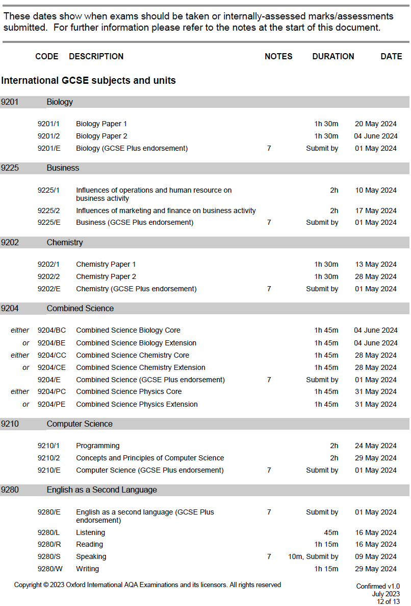 2024年5月AQA考试局IGCSE考试时间安排表！
