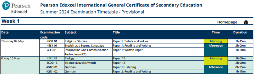 2024年5月爱德思IGCSE考试时间表