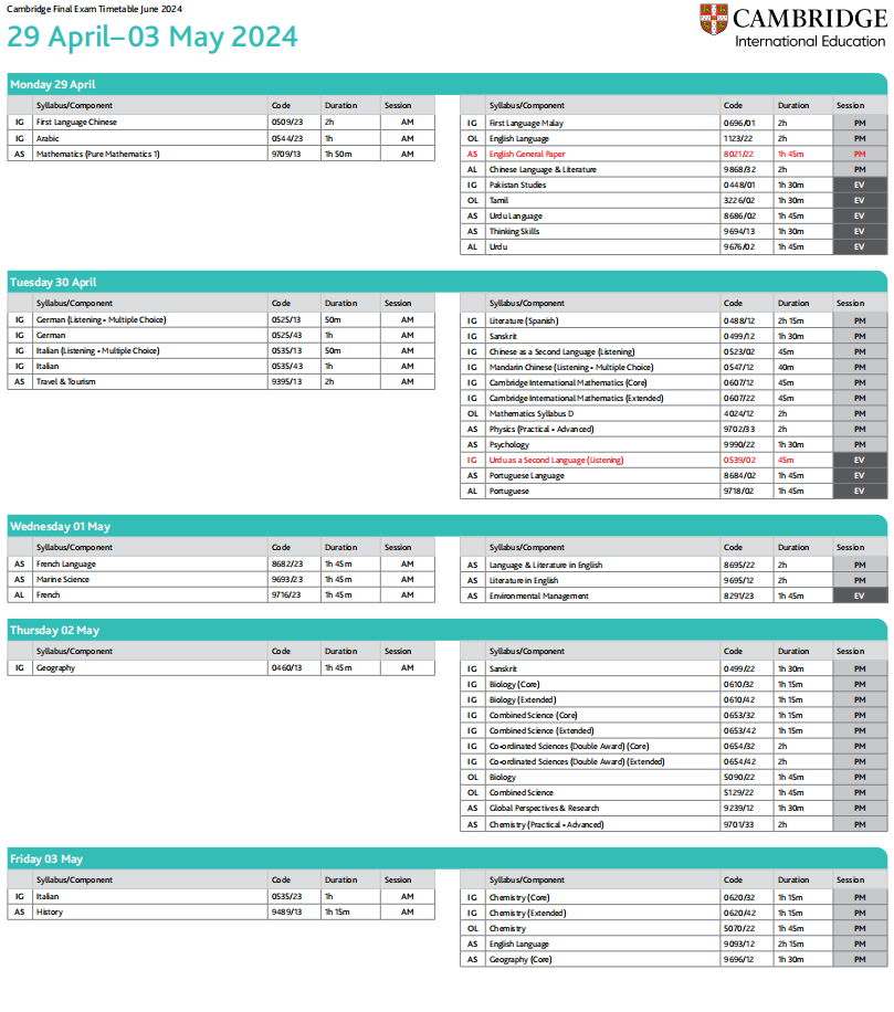2024年夏季大考IGCSE、O-level、A-level考试时间表