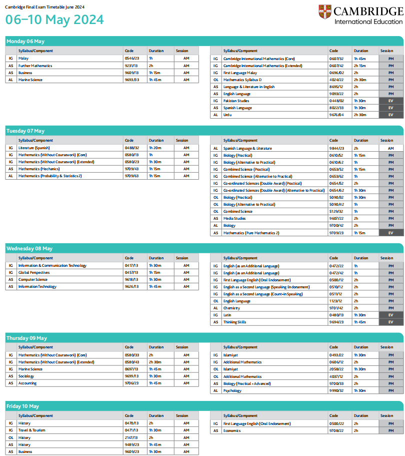 2024年夏季大考IGCSE、O-level、A-level考试时间表