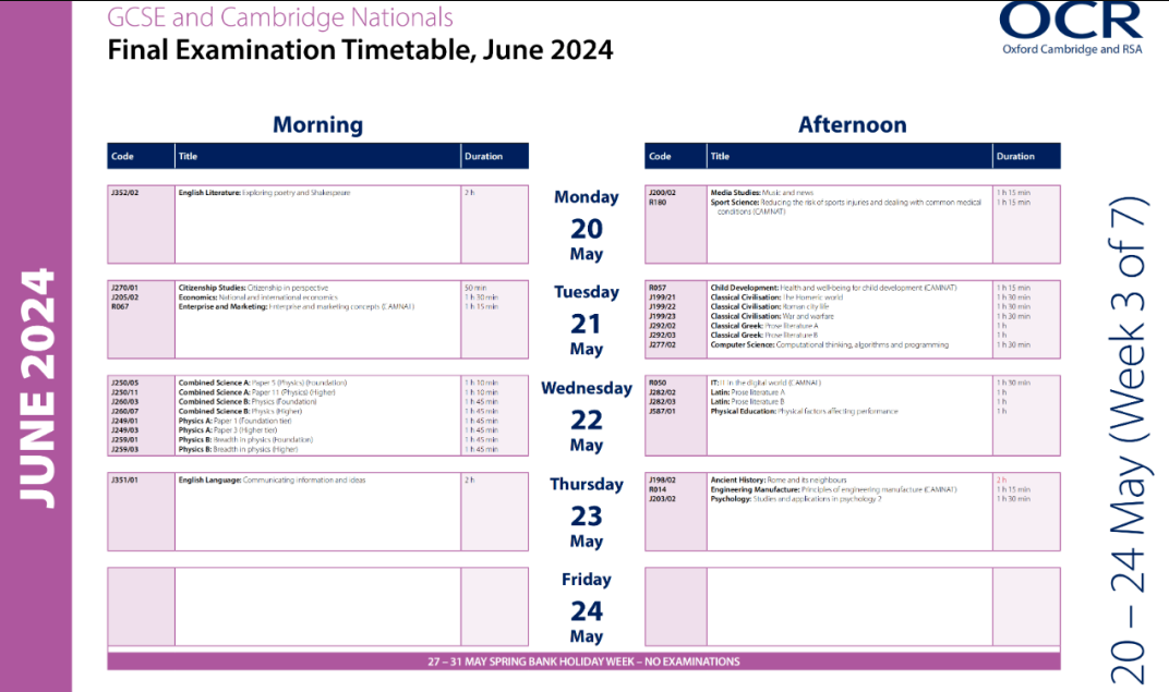 2024夏季OCR考试局GCSE大考时间安排表