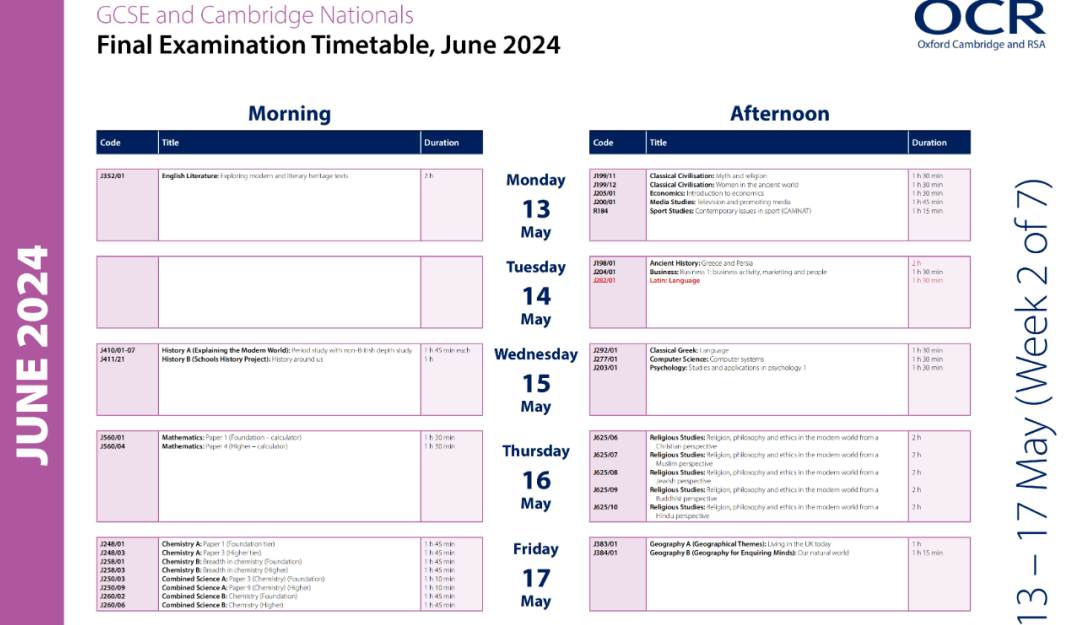 2024夏季OCR考试局GCSE大考时间安排表