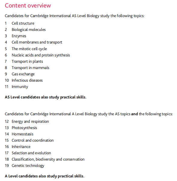 A-level生物考试内容