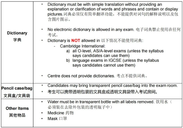 A-level考试允许携带的物品：