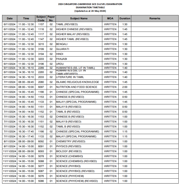 2024年新加坡o-level考试笔试时间安排表！