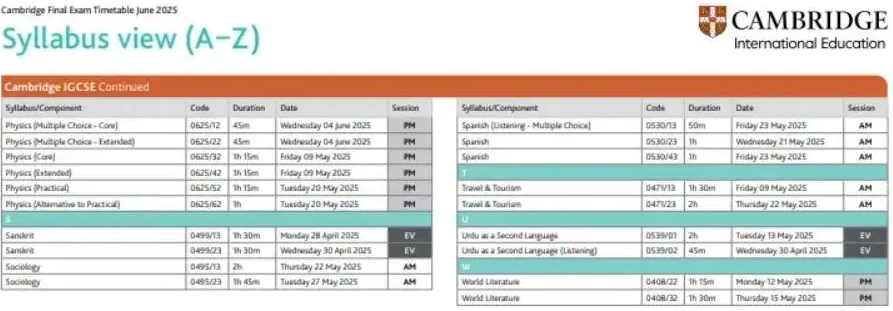 CAIE考试局2025年IGCSE考试安排